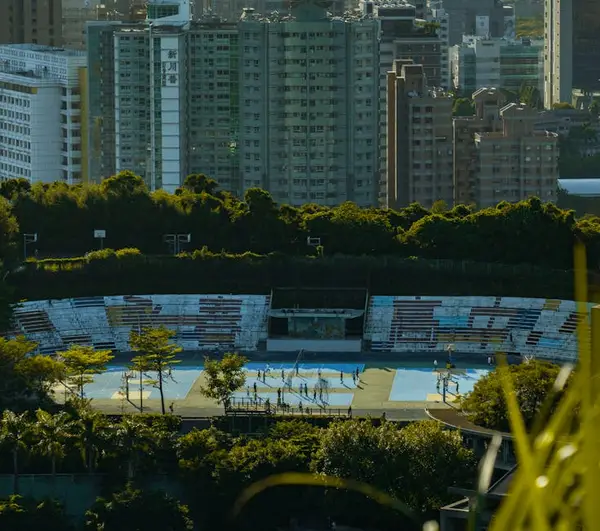 Aerial view of a basketball court with players in action