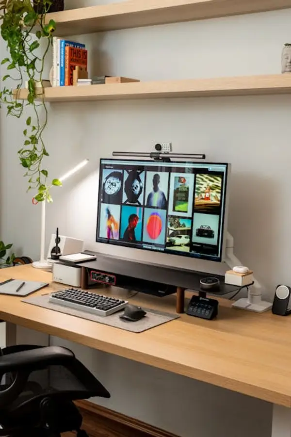 A cozy home office workspace with a laptop and plants
